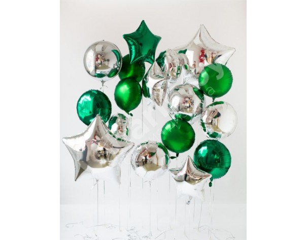 Сет тёмно-зеленых и серебряных шариков